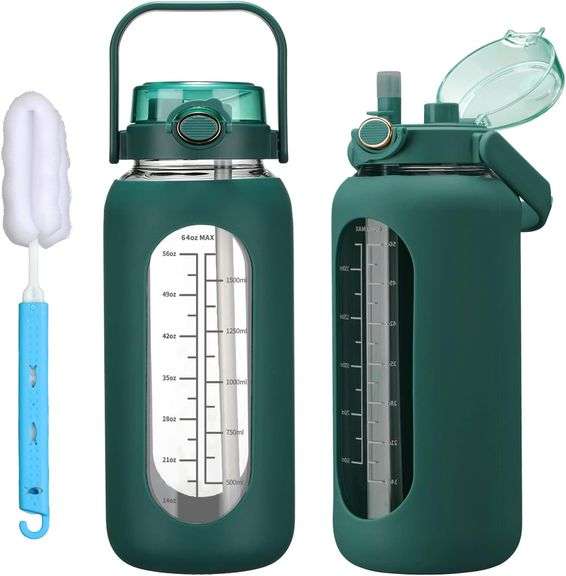 64oz Motivational Glass Water Bottle With Straw & Time Marker - Half Gallon, BPA Free, With Silicone Sleeve