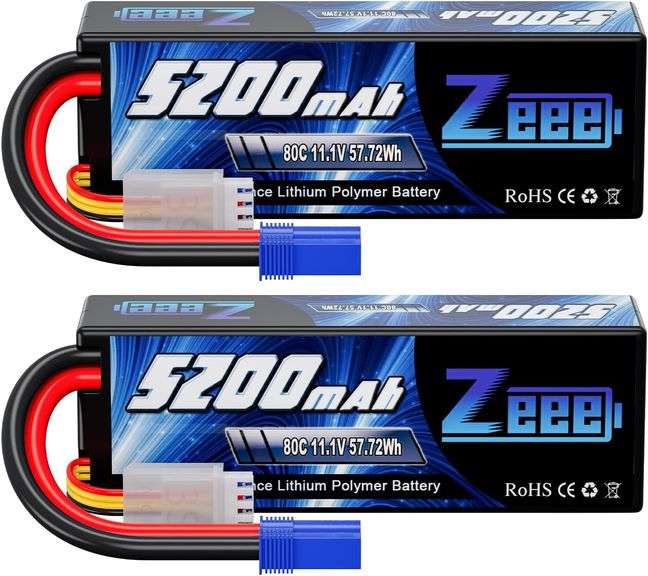 Batterie Lipo Zeee 3S 5200mAh 11.1V 80C - Pour Voitures RC 1/10, 1/8 - Connecteur T - Lot De 2
