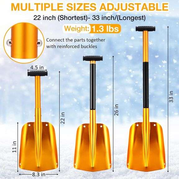 (3) 33 Folding Snow Shovel for Car, Portable Telescopic Snow Scoop Shovel, Emergency Aluminum Shovel for Digging, Camping, Skiing, Snowmobiles, Snow Camping