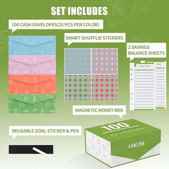 100 Envelopes Money Saving Challenge Box- 100 Envelope Challenge Kit to Save 20000 dollars, Saving Money Organizer for Cash, Petty Cash Box with 100 cash Envelopes for Budgeting (green)