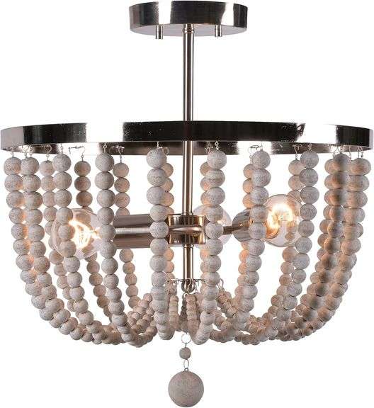 Kenroy Home 93136BS Dumas 3 Light Semi Flushs, 17 Inch Height, 16 Inch Diameter, Brushed Steel Finish w/Distressed White Wood Beads