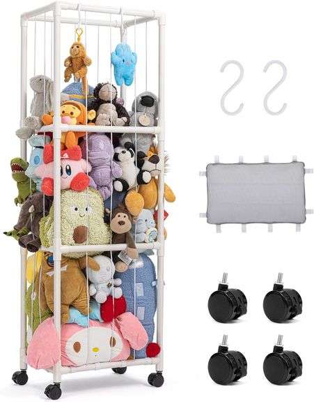 Extra Large Stuffed Animal Storage Zoo - Metal Tube Organizer With Wheels & Brakes For Kids' Room (White)