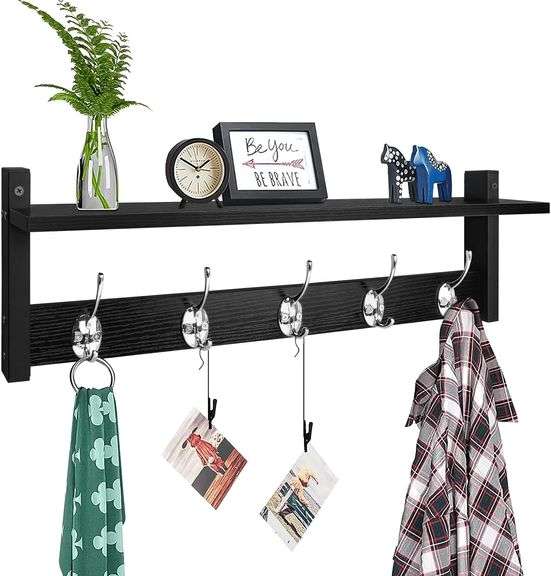 Homode Wall Hooks with Shelf, Wood Coat Rack with Shelf Wall-Mounted, Entry : Homode Coat Rack with Shelf, Wall Shelf with Hooks, 26