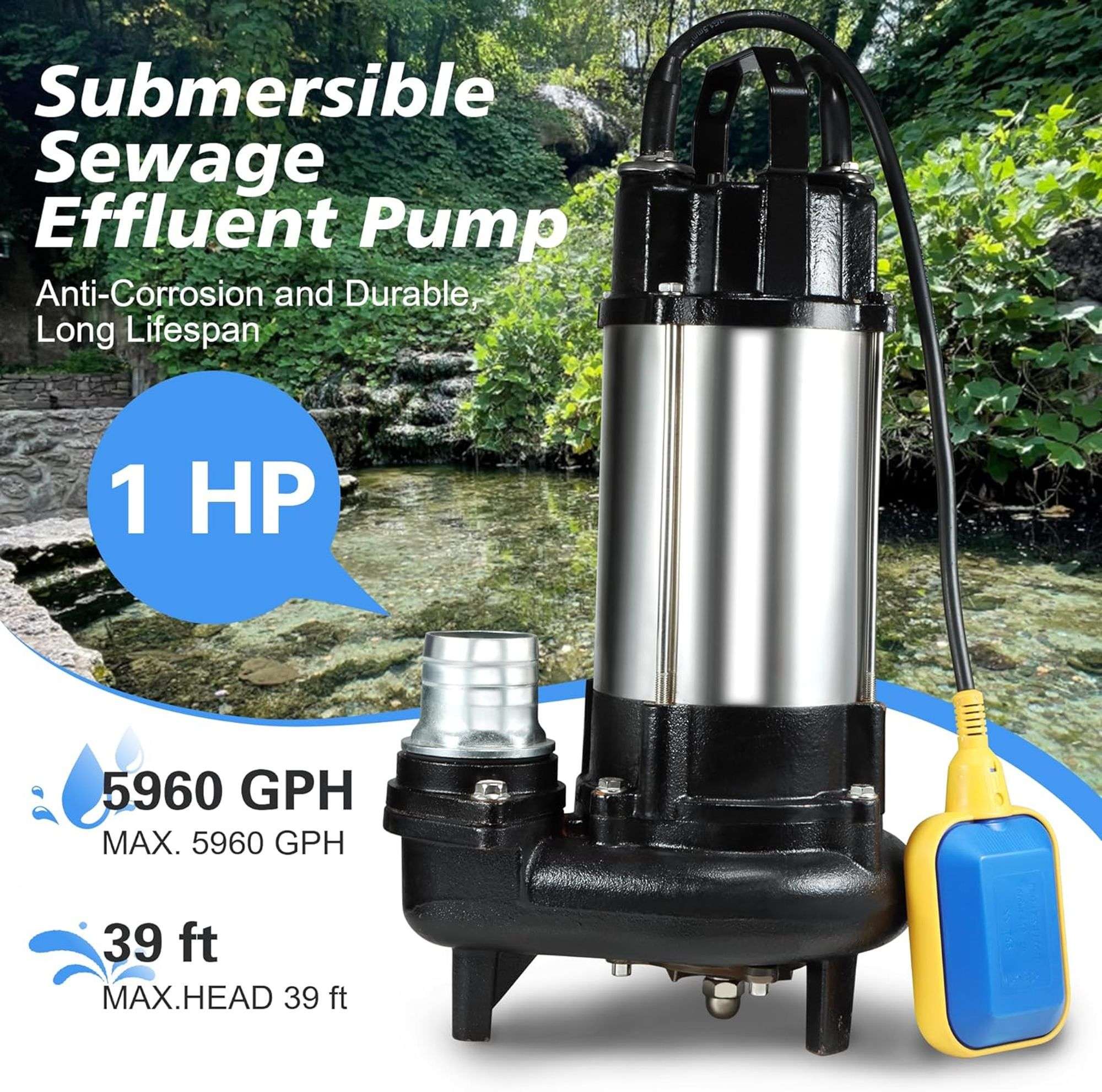 NLIEOPDA 1HP Sewage Grinder Pump – 6400 GPH, Auto Float Switch, Cast Iron, 2" NPT Discharge, 110V, For Basement & Sump Basins