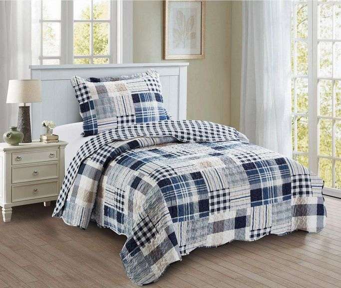 Brilliant Sunshine Blue Plaids and Stripes Patchwork, 2-Piece Quilt Set with 1 Sham, Reversible Bedspread, Soft Lightweight Coverlet, All-Season, Twin