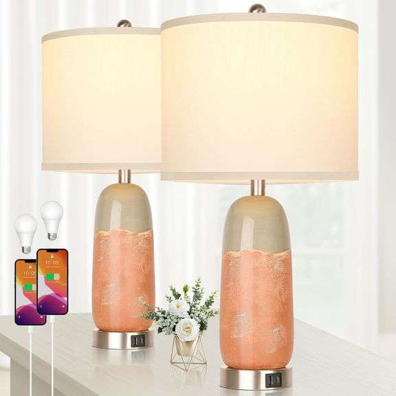 Ceramic Table Lamp Set of 2 for Living Room& Bedroom,Farmhouse Bedside Lamps with USB A+C Ports,End Table Lamp Farmhouse Bedside Nightstand Side Table