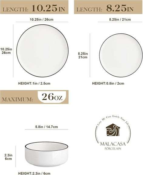 MALACASA 12-Pc Stoneware Dinnerware Set For 4 – White, Microwave & Dishwasher Safe, Series TARA