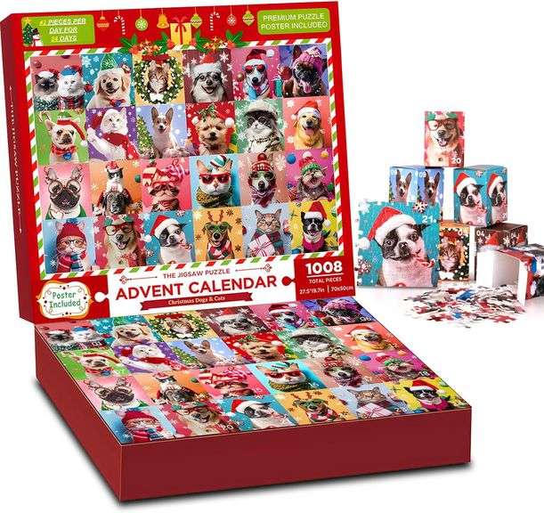 thumbnail image 2 of SIXVALA Advent Calendar 2024 Christmas Jigsaw Puzzles Christmas Dogs And Cats 24 Boxes 1008 Pieces Christmas Countdown Calendar Family Game Puzzle 2 of 13