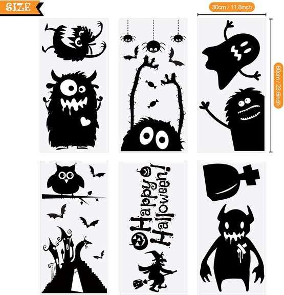 (4) Outus 6 Sheets Halloween Window Clings Decoration Removable Bats Owl Monsters Window Decals Novelty Cute Wiggly Monster Window Decal Stickers for
