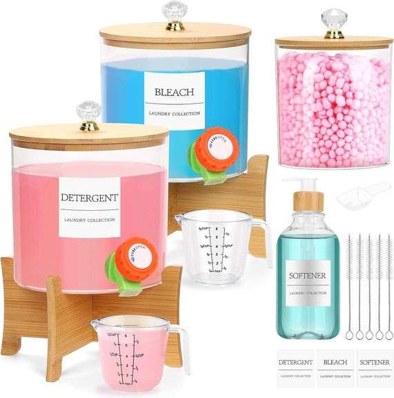4Pcs Liquid Laundry Detergent Dispenser Set, Plastic Laundry Soap Dispenser with Measuring Cup, Scent Booster Laundry Powder Container with Scoop, Fab