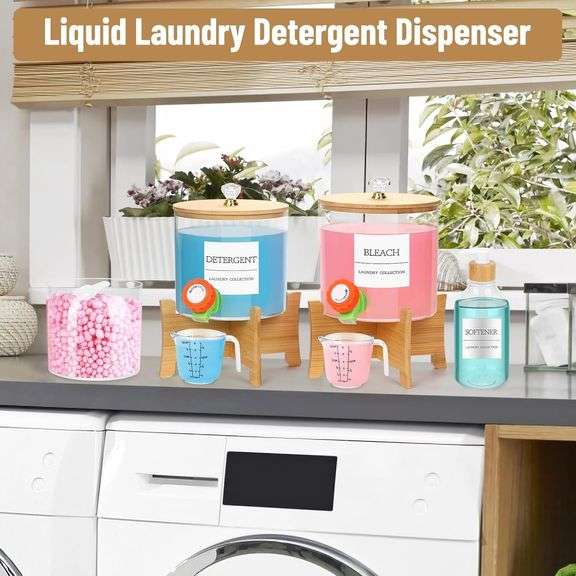 4Pcs Liquid Laundry Detergent Dispenser Set, Plastic Laundry Soap Dispenser with Measuring Cup, Scent Booster Laundry Powder Container with Scoop, Fab