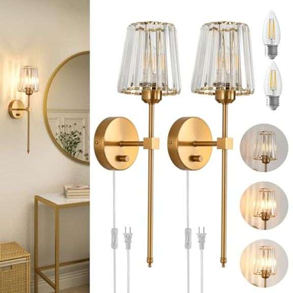 Crystal Wall Sconces Set of 2, Dimmable Wall Sconce with Plug in Cord and Dimmer Gold Plug in Wall Lamp Wall Mounted Light with Crystal Shade for Livi