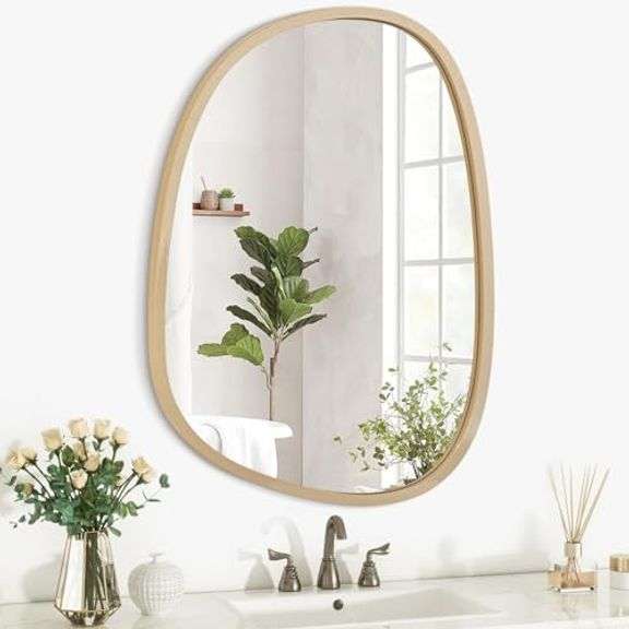 Gold Irregular Mirror for Wall Asymmetrical Wooden Framed Wall Mirror Unique Shape Modern Decor Vanity Mirror Artistic Oval Hanging Mirror Decorative