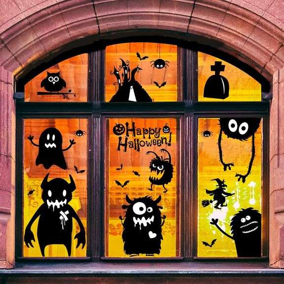 (4) Outus 6 Sheets Halloween Window Clings Decoration Removable Bats Owl Monsters Window Decals Novelty Cute Wiggly Monster Window Decal Stickers for