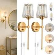 Crystal Wall Sconces Set of 2, Dimmable Wall Sconce with Plug in Cord and Dimmer Gold Plug in Wall Lamp Wall Mounted Light with Crystal Shade for Livi
