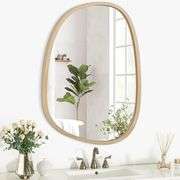 Gold Irregular Mirror for Wall Asymmetrical Wooden Framed Wall Mirror Unique Shape Modern Decor Vanity Mirror Artistic Oval Hanging Mirror Decorative
