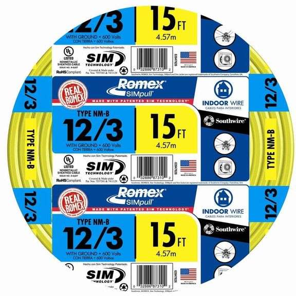 15 ft. 12/3 Solid Romex SIMpull CU NM-B W/G Wire - Matthews Auctioneers