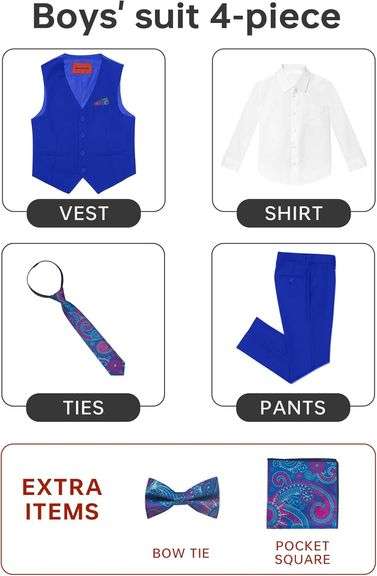 Marvelous Kids Formal Slim Fit Suit Set, Vest, Pants, Dress Shirt, Tie, Pocket Square, and Bow Tie size 4 color pink