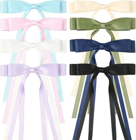 (6)Ehaler Satin Hair Accessories - 8 PCS Double Black & White Ribbon Ponytail Holders, Metal Clips for Women, Girls, Toddlers, Teens, Kids