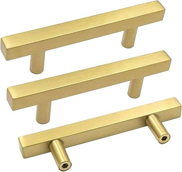 goldenwarm 45 Pack Gold Cabinet Handles Kitchen Hardware Drawer Pulls Brushed Brass Cabinet Door Handles 3-3/4 Inch Hole Centers T Bar Square Bathroom