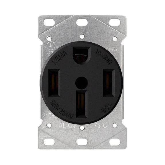 (2) 50 Amp 125/250V, NEMA 14-50R Flush Mount Power Outlet, Single Straight Blade Range and Dryer Outlet Grounding, Black