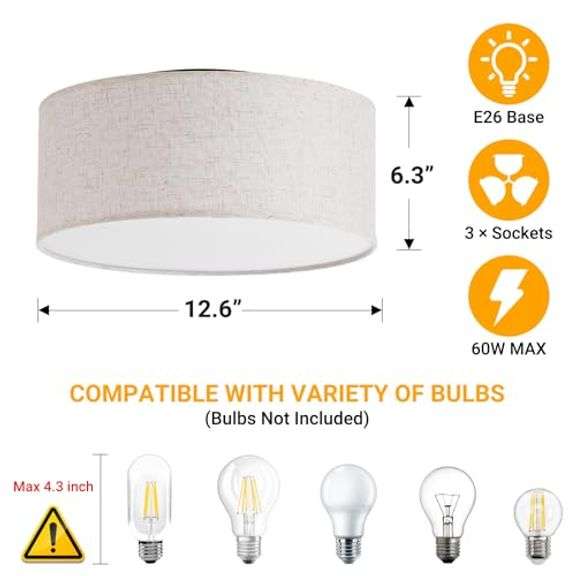 12.6" Modern Close to Ceiling Light with Linen Fabric Drum Shade,3-Light Semi Flush Mount Ceiling Light Fixture,Drum Light Fixtures Ceiling Mount for