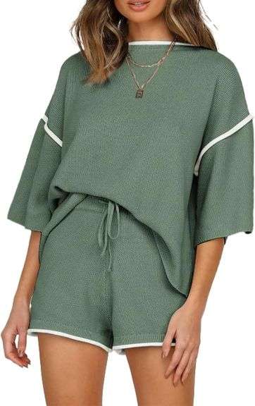 SHEWIN Womens Two Piece Outfits Casual Short Sleeve Knit Sweater Tops Matching Shorts Tracksuit Lounge Sets size large