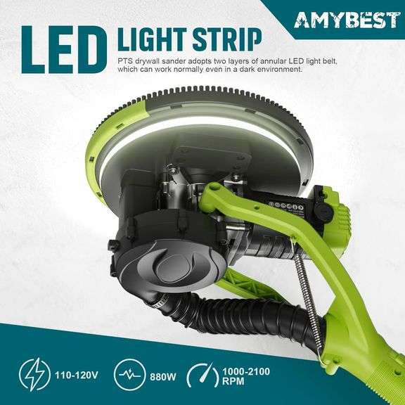 AMYBEST Drywall Sander, Powerful Electric Drywall Sander with Vacuum Dust Collection, 5 Speed 1000-2100 RPM, Popcorn Ceiling Remover, LED Light & 12 S