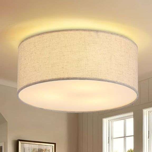 12.6" Modern Close to Ceiling Light with Linen Fabric Drum Shade,3-Light Semi Flush Mount Ceiling Light Fixture,Drum Light Fixtures Ceiling Mount for