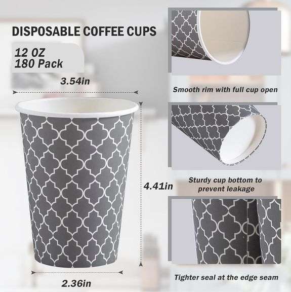 Lamosi Coffee Cups 12 oz 180 Pack, Disposable Paper Coffee Cups, Disposable Cups,12 oz Hot Cup,12oz Paper Insulated Cup for Cold Hot Drinks (No Lids)