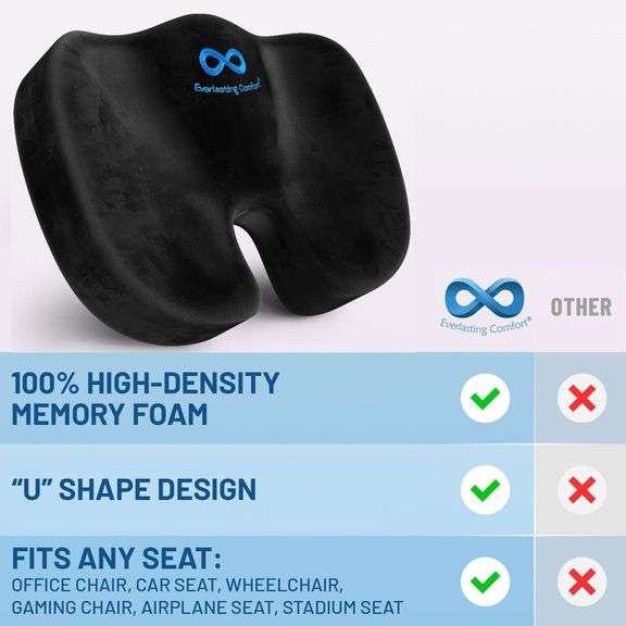 Everlasting Comfort Memory Foam Seat Cushion - Office Chair Cushion for Work, Travel, Car Support Pillow for Driving - Portable Seat for Chairs and De