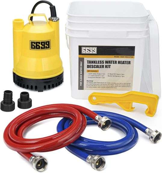 6699 Tankless Water Heater Flushing Kit Includes 1/6HP Submersible Sump Pump with Two Adapters & 3 Gallons Pail with Bucket Lid Opener & Two 1/2 Dia X