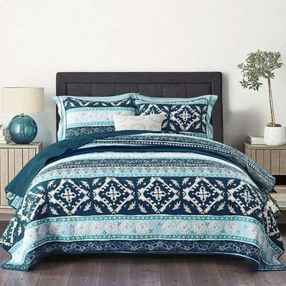 NEWLAKE Cotton Bedspread King Quilt Sets Reversible Patchwork Coverlet Set, Boho Chic Pattern