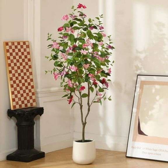 6ft Artificial Bougainvillea Tree with 10.5 inch White Planter, Tall Fake Bougainvillea Trees with Red Flowers, Faux Bougainvillea Silk Plants for Ind