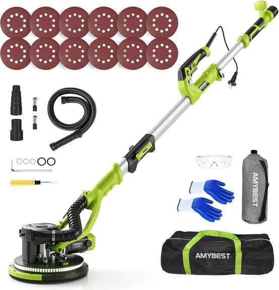 AMYBEST Drywall Sander, Powerful Electric Drywall Sander with Vacuum Dust Collection, 5 Speed 1000-2100 RPM, Popcorn Ceiling Remover, LED Light & 12 S