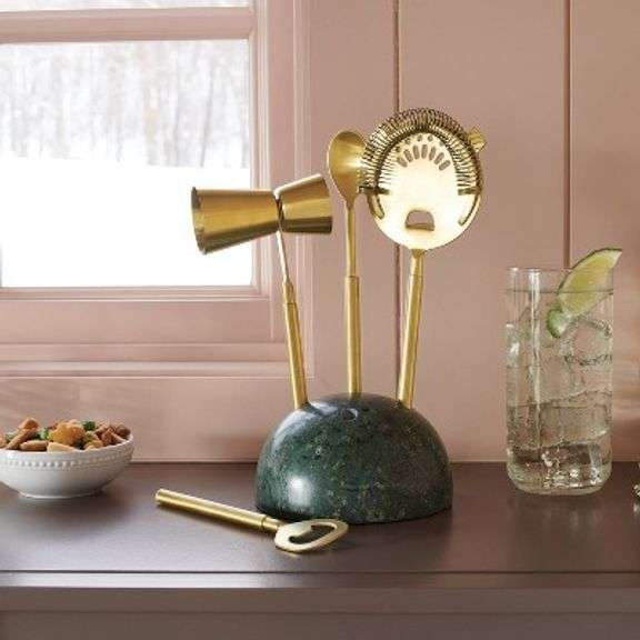 4pc Stainless Steel Barware Set with Marble Stand Green - Threshold