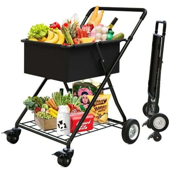 RAXSINYER Folding Shopping Cart with Wheels, Waterproof Liner, Black, 1 Count