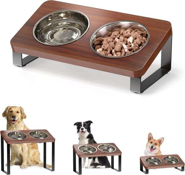Ergonomic Elevated Dog Bowl Stand Feeding Station with Stainless Steel Bowls Included- Waterproof 15 Tilted Raised Dog Feeder for Small, Medium & Larg