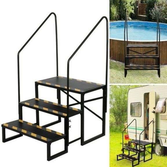 Qunbio 3 Steps RV Stairs with Anti-Slip Tapes & 2 Handrails, Hot Tub Steps, Mobile Home Stairs for RV & Travel Camper Trailers