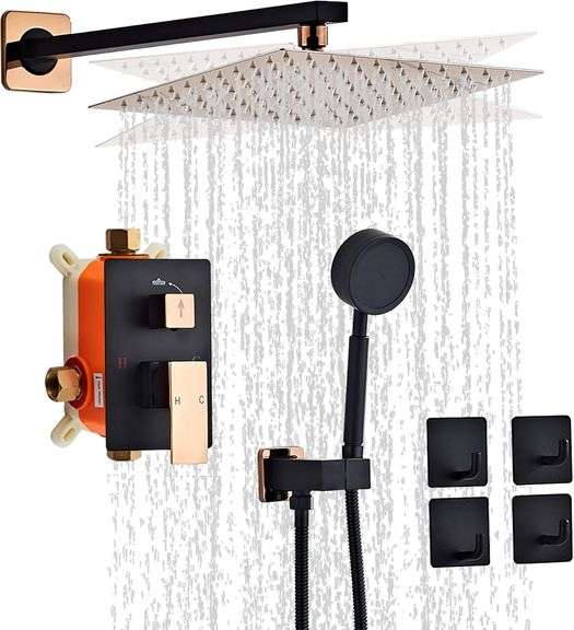 RTTWYYUU Black Gold Rainfall Shower Head, Wall Mounted 10 Inch Shower Heads with Handheld Spray Combo, Luxury Bathroom Square Rain Shower System, Soli