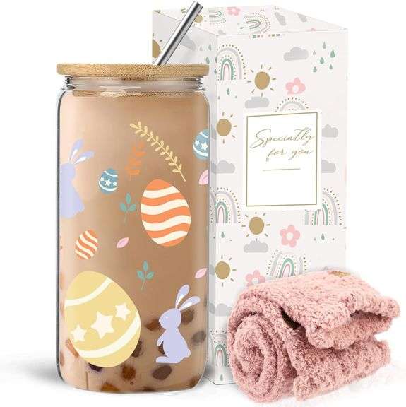 Unique Easter Gifts for Women, Easter Basket Stuffers for Teens, Birthday Christmas Gift Set with 16 Oz Glass Cup,Bunny Gifts Box for Bunny Lovers