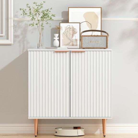 EOYUTLLY White Fluted Buffet Storage Cabinet,Wood Sideboard Buffet Cabinet with Adjustable Shelf & Rose Gold Colored Metal Legs, Accent Cabinet for Li