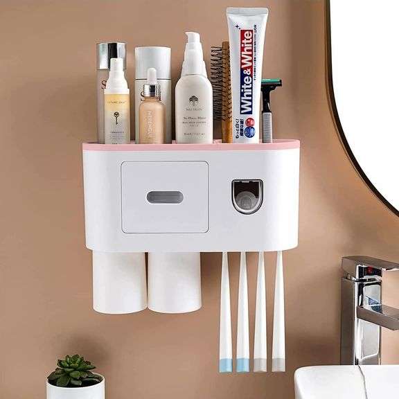 CASUN Multifunctional Wall-Mounted Toothbrush Holder Automatic Toothpaste Dispenser Kit with 4 Toothbrush Slots and Drawer Magnetic,Space-Saving Tooth