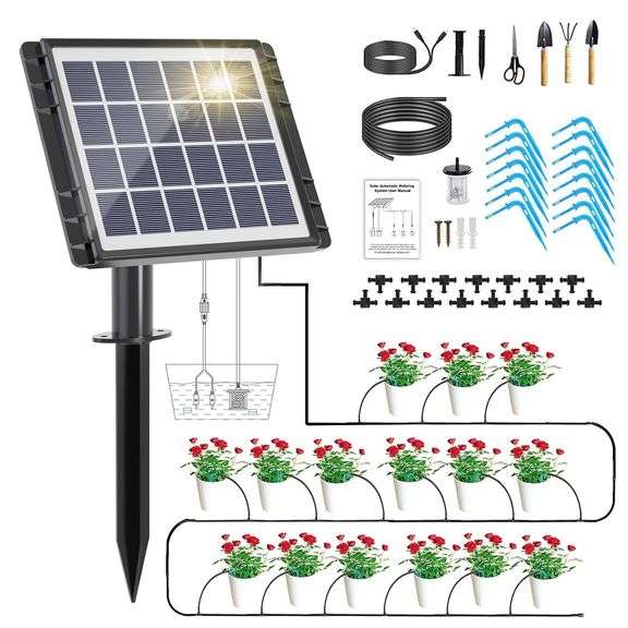 Solar Drip Irrigation System - Automatic Watering Kit With 12 Timer Modes For 20-30 Plants
