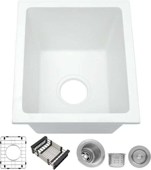 MILOSEN Small White Bar Sink 13 15 Inch, Undermount Wet Bar Prep Sink for RV Kitchen, Single Bowl Granite Composite Design with custom accessories