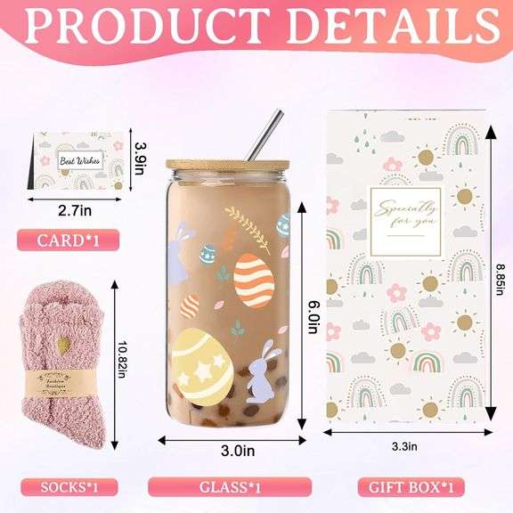 Unique Easter Gifts for Women, Easter Basket Stuffers for Teens, Birthday Christmas Gift Set with 16 Oz Glass Cup,Bunny Gifts Box for Bunny Lovers