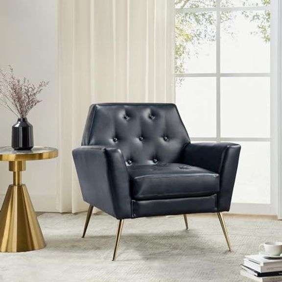 Fuma 23 Inch Dining Accent Chair Set of 2, Tufted, Gray Faux Leather, Gold By Casagear Home main image 0