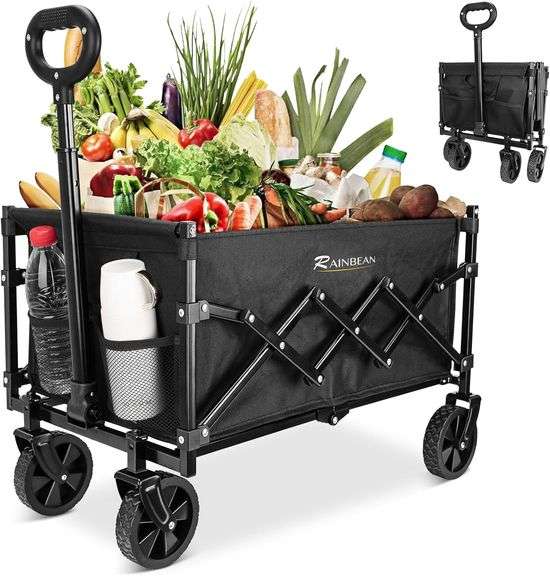 RAINBEAN Collapsible Wagon Cart Foldable Heavy Duty Folding Wagon Large Capacity Shopping Cart Utility for Camping Garden Beach Sports Fishing, Black