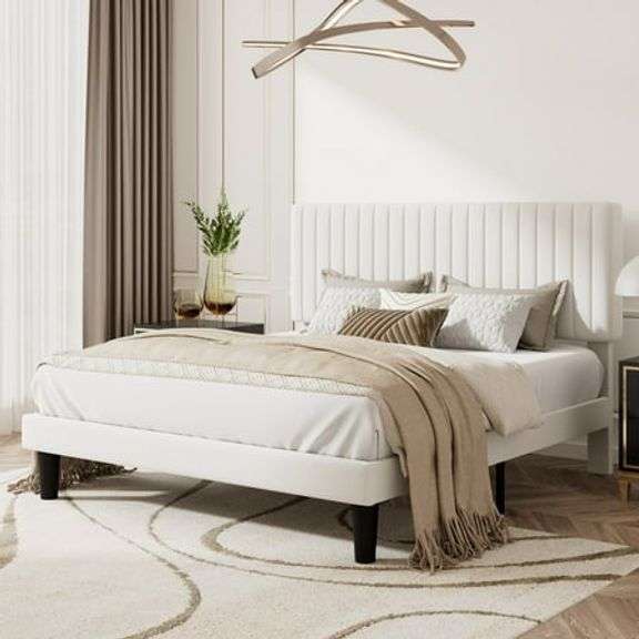 Amolife Full Size Upholstered Platform Bed Frame with Adjustable Velvet Headboard, Off-White