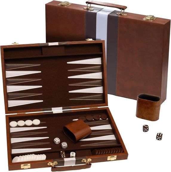 Backgammon Board Game, Deluxe Leather Like Case, Felt Interior, Brown, Classic Backgammon Game, Popular Board Game, Board Games (Medium (15"))